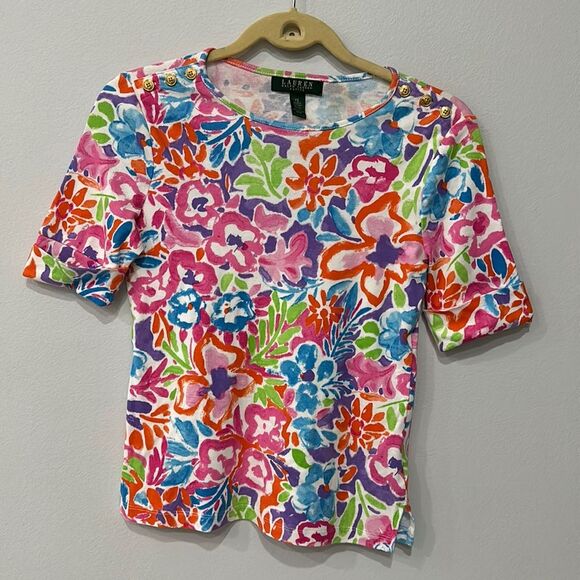 Ralph Lauren Bold Vibrant Floral Short Sleeve Button Shoulder Top Size PS - Picture 1 of 11